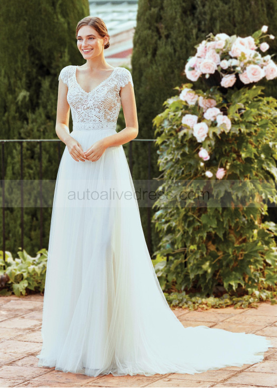 Cap Sleeve Ivory Lace Tulle Illusion Bodice Wedding Dress